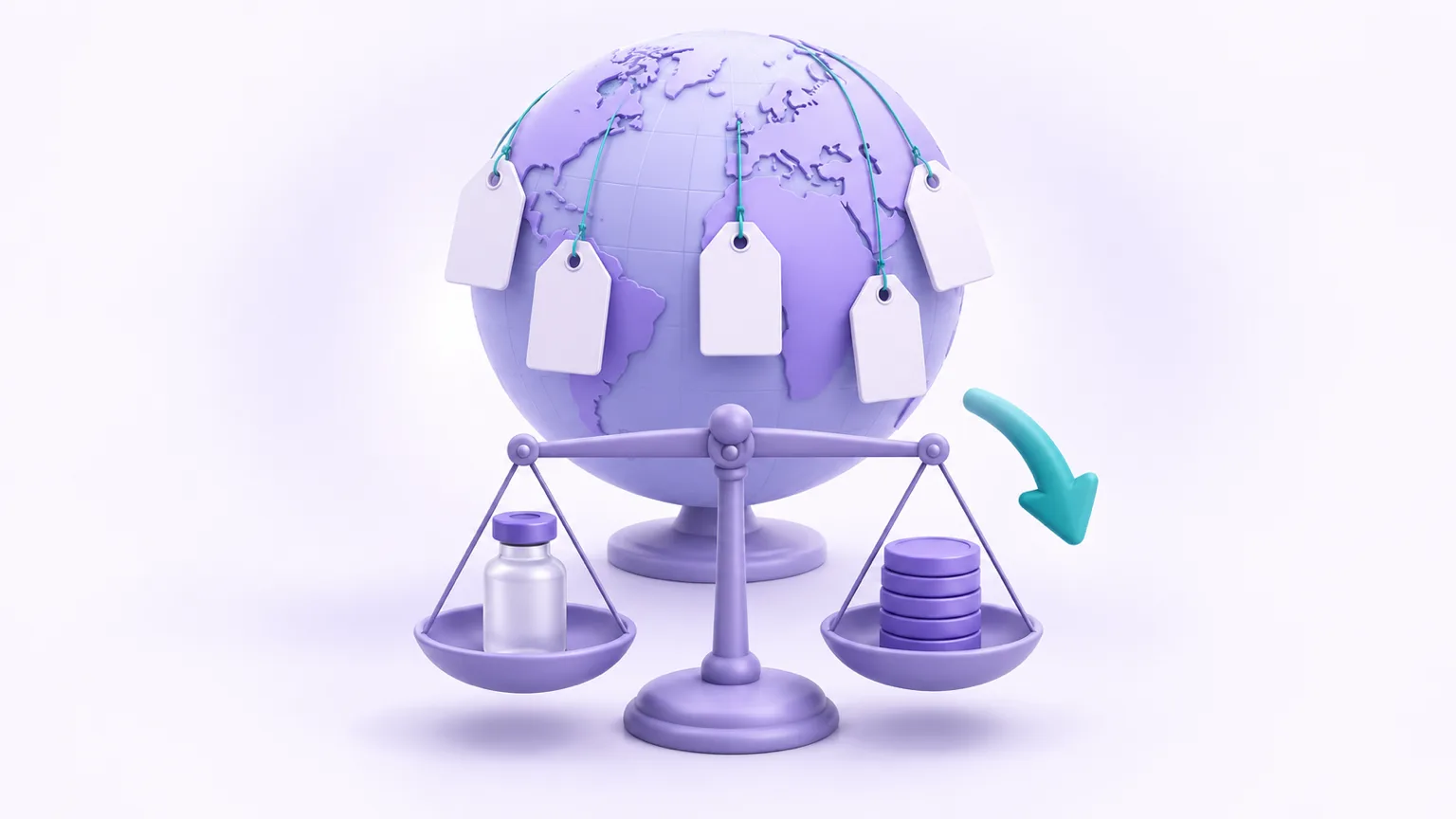 A globe wearing price tags beside a balance scale holding a vial and coins, with a downward arrow